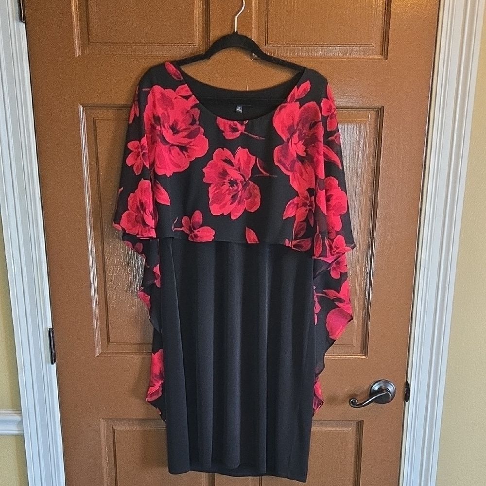 Glamour-Black jersey dress with red/blk print cape style top Sz 14.